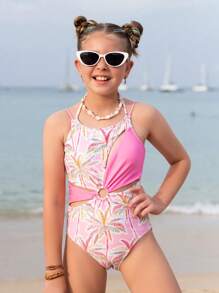 Cô gái Tween In cây dừa Nối Áo tắm một mảnh - Nhiều màu - Xem 1