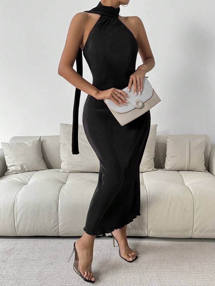 Solid Color Bodycon Halter Neck Dress For Women