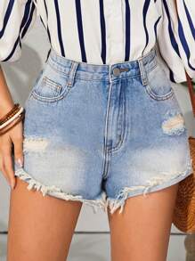 Breezaya Quý cô Frayed Và Đau khổ Quần short Denim - Rửa nhẹ - Xem 7