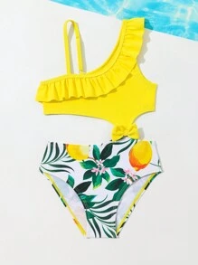 SHEIN Traje De Baño De Una Pieza Para Niña Con Estampado De Frutas Y Plantas, Diseño Hueco Y Empalmado, Ribete De Volantes De Colores En Contraste