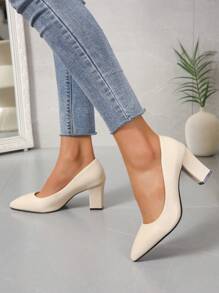 Fall/Winter 2025 Women's Classic Pointed Toe Chunky Heel Pumps In Beige White Dress Shoes, For Work And Formal Occasions, Elegant