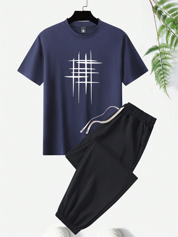 Conjunto de 2 piezas de camiseta de manga corta con estampado geométrico y pantalones con cordón en la cintura para hombre, traje casual de verano para salidas, adecuado como regalo para esposo/novio