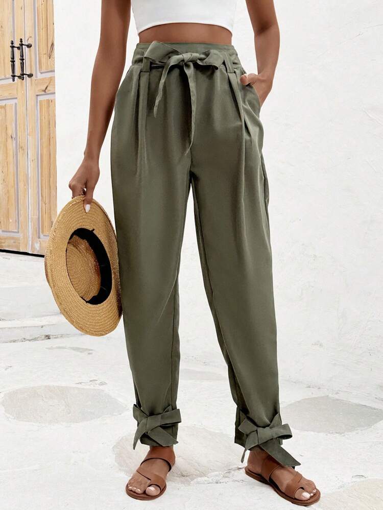 Solid Color Pleated Casual Tapered Pants With Slanted Pockets