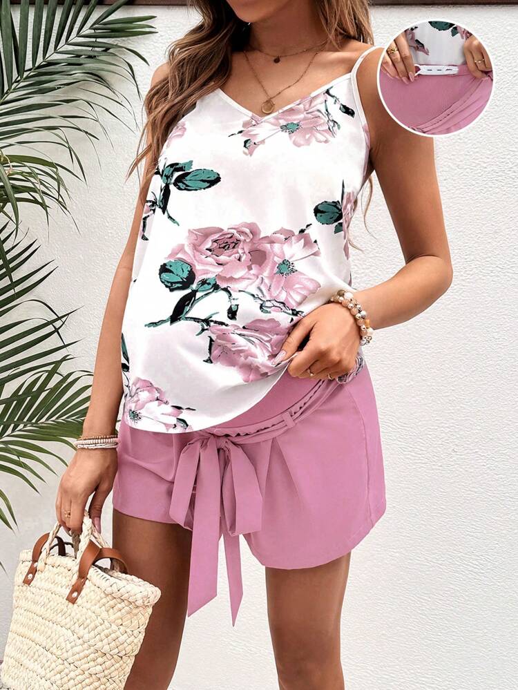Maternity Casual Floral Printed Adjustable Strap Top & Waistband Shorts 2pcs/Set