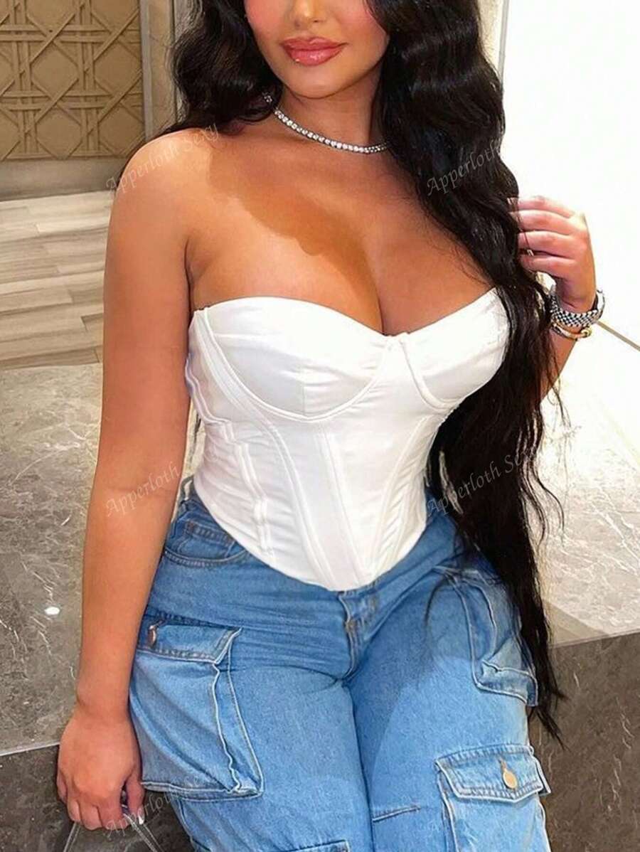 Y2K Solid Boned Lace Up Back Backless Curved Hem Corset Bustier Shapewear Crop Top Street Music Festival