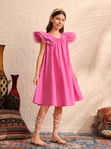 Tween Girl's Woven Solid Color Sweet And Loose Dress With Ruffle And Decoration On Sleeves - Hot Pink - View 5
