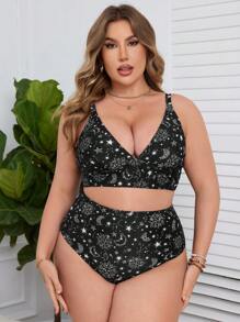 Swim Lushoire Bộ bikini in họa tiết bãi biển mùa hè Plus Size Mặt trời, Mặt trăng, Ngôi sao - Nhiều màu - Xem 4