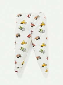 Cozy Pixies Baby Boy Snug Fit Pajamas Set With Cartoon Fun Car Pattern, Round Neck Top And Footed Pants - Apricot - View 2