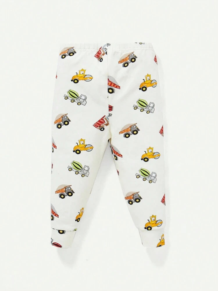 Baby Boy Snug Fit Pajamas Set With Cartoon Fun Car Pattern, Round Neck Top And Footed Pants