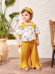 SHEIN Baby Girl's Summer Vacation Floral Print Color Block Tank Top And Pleated Pants Set