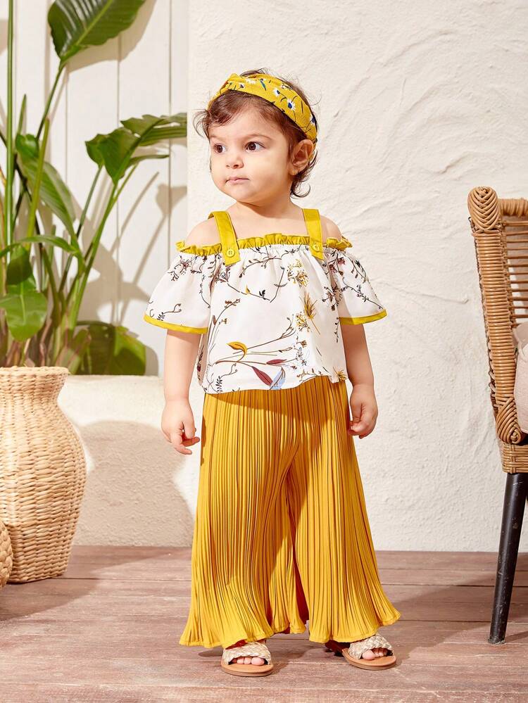 Baby Girl's Summer Vacation Floral Print Color Block Tank Top And Pleated Pants Set