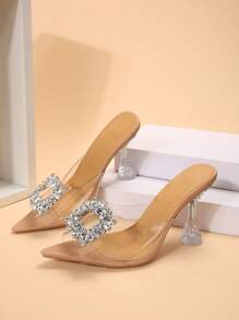 女士水钻透明闪亮高跟凉鞋，优雅浪漫尖头水晶透明细高跟鞋，适合夏季派对，9cm超高跟蝴蝶装饰杏色凉鞋，夜店风格女士凉鞋，童话婚礼高跟鞋 - 無色 - 查看 4