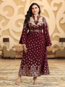 Layrah 勃艮第红色大码女式闪亮水钻花朵印花长袖阿拉伯连衣裙，优雅奢华晚会风格