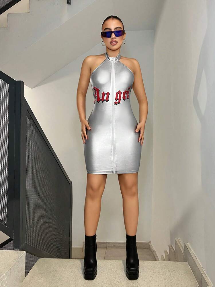 Metallic Feel Bodycon Halter Dress With Letter Print