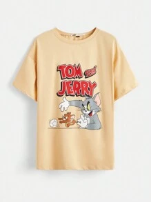 TOM & JERRY X SHEIN 卡通字母图案落肩 T 恤 - 卡其色 - 查看 1