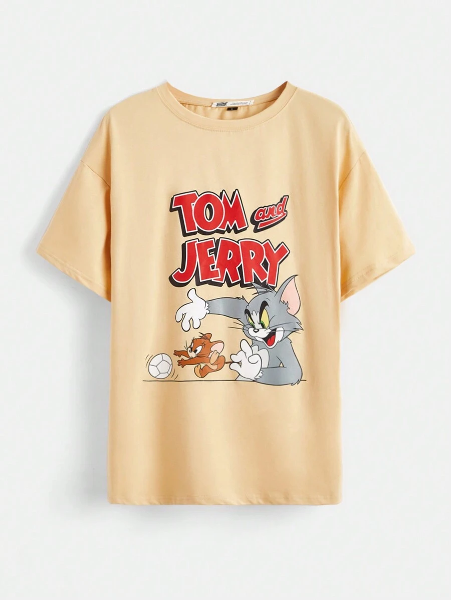 TOM & JERRY X SHEIN 卡通字母图案落肩 T 恤 - 卡其色 - 查看 1