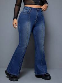 SHEIN ICON Jeans Acampanados De Talla Grande Y Ajustados Con Detalle De Cuentas - Azul - Ver 4