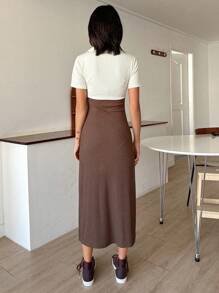 DAZY Contrast Belt Split Hem Ribbed Bodycon Dress Sundress,Casual Women Dresses - Brown - View 5
