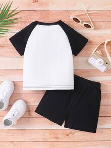 Cute Colorful Open Mouth Monster & Letter Printed Color Block Raglan Sleeve T-Shirt And Shorts Set, For Baby Boy - Black - View 2