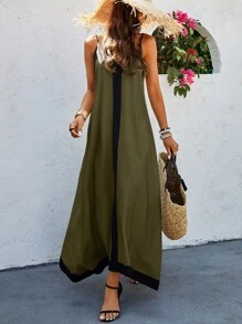 Selianne Vestido De Tirantes Espagueti Para Mujer Con Bloque De Color - Verde militar - Ver 4