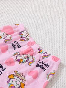 Young Girl Unicorn Printed Round Neck 3/4 Sleeve Top With Capri Pants Two Pieces Casual Home Wear Set - Pink - View 4