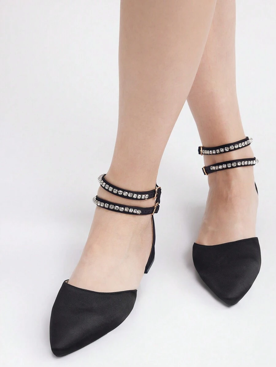 Ladies' Comfortable Pointed Toe Flat Shoes With Rhinestone Strap - Black - View 1