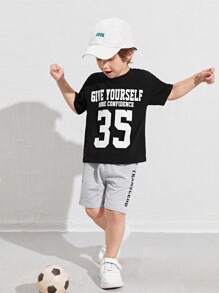 SHEIN Young Boy Slogan Graphic Top & Shorts Set - Multicolor - View 1