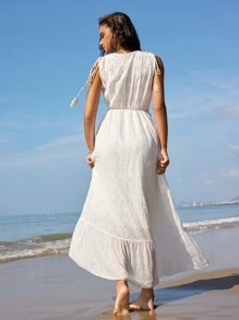 Anewsta Holiday Style Romantic Beach Sexy Laser Embroidery & Tassel Decor Drawstring Women's Casual White Cross V-Neck Floor-Length Dress