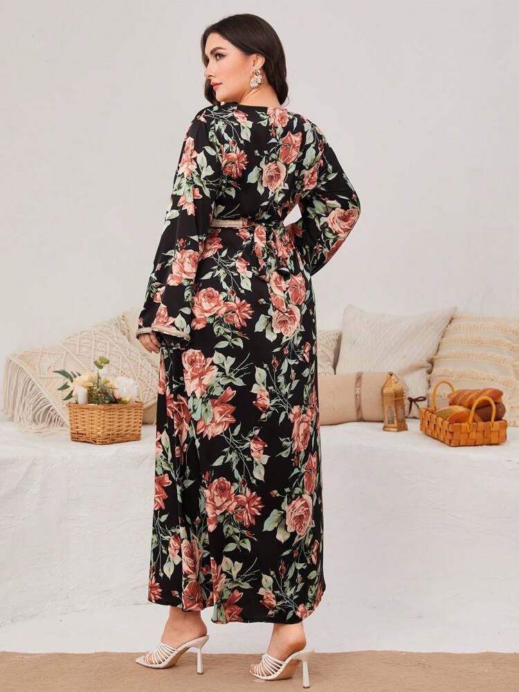 Plus Size Women's Patchwork Tape & Floral Print Arabian Jalabiya Clothing