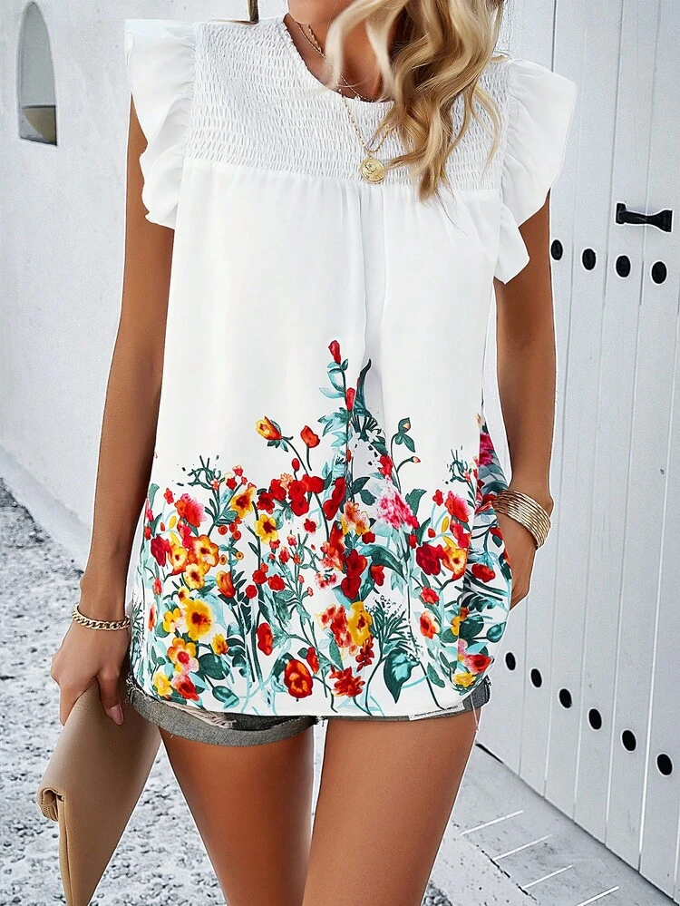 Women's Floral Print Wrap Cap Sleeve Blouse