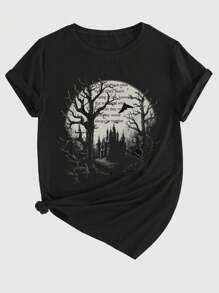 ROMWE Goth 树印花 T 恤，学校 - 黑色 - 查看 1