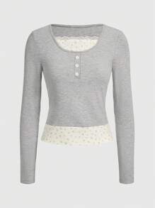 ROMWE Y2K 甜美学院风拼布花卉二合一女式 T 恤，学校 - 灰色 - 查看 1