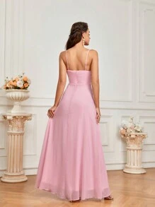 SHEIN Belle Elegant Spaghetti Strap Chiffon Ruffle Trim A-Line Bridesmaid Dress With Ruffle Trim - Pink - View 3
