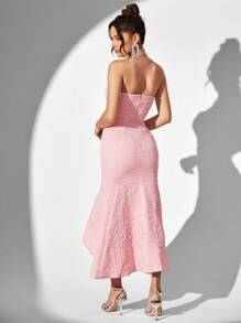 SHEIN Belle 女性浪漫優雅的提花織物人魚形短裙,蓬鬆的下擺和無肩帶的設計,適合於雞尾酒會、派對或婚禮 - 粉色 - 查看 2