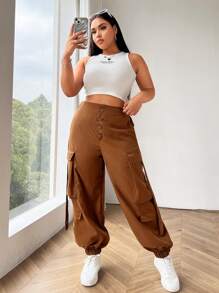 Flirla Plus Size Women's Casual Cargo Pants With Large Pockets - Brown - View 7