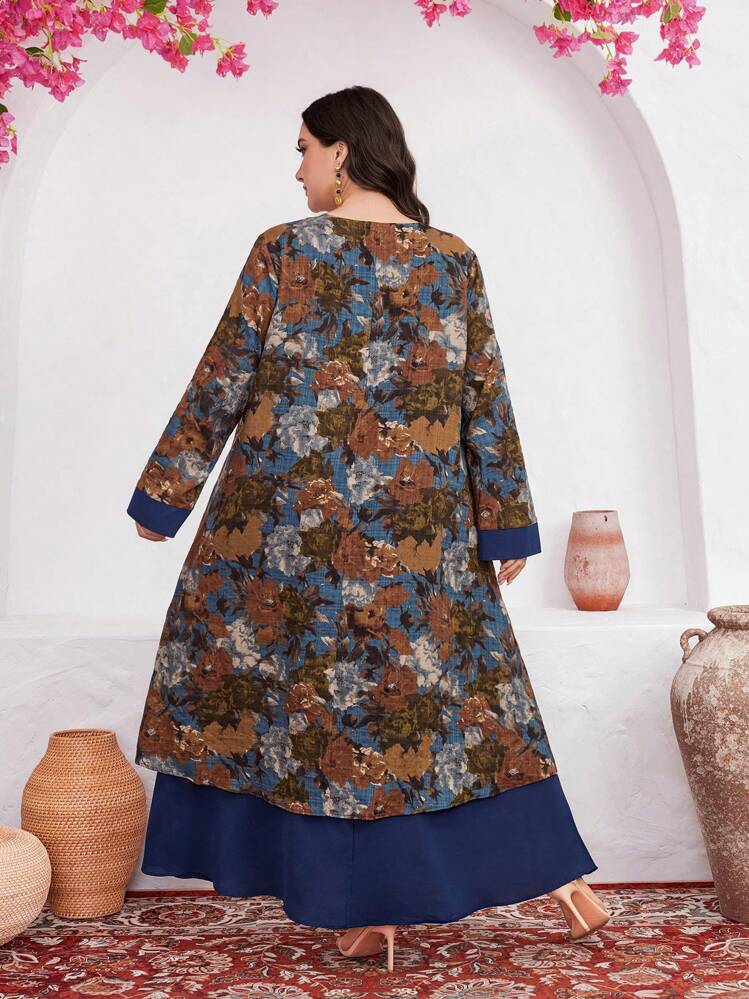 Al Najma Plus Size Flower Printed Patchwork Arabian Dress - Green - View 2