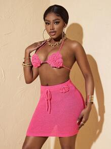 Zolique Floral 3d Cropped Backless Halter Top And Skirt, Sweater Two Pieces Set