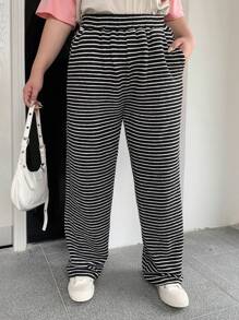 Dazy Petite Plus Kích thước lớn Sọc Eo đàn hồi Quần - Đen và trắng - Xem 7