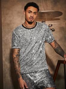 Manfinity VCAY Men's Glitter Contrast Color Round Neck Short Sleeve T-Shirt - Silver - View 5