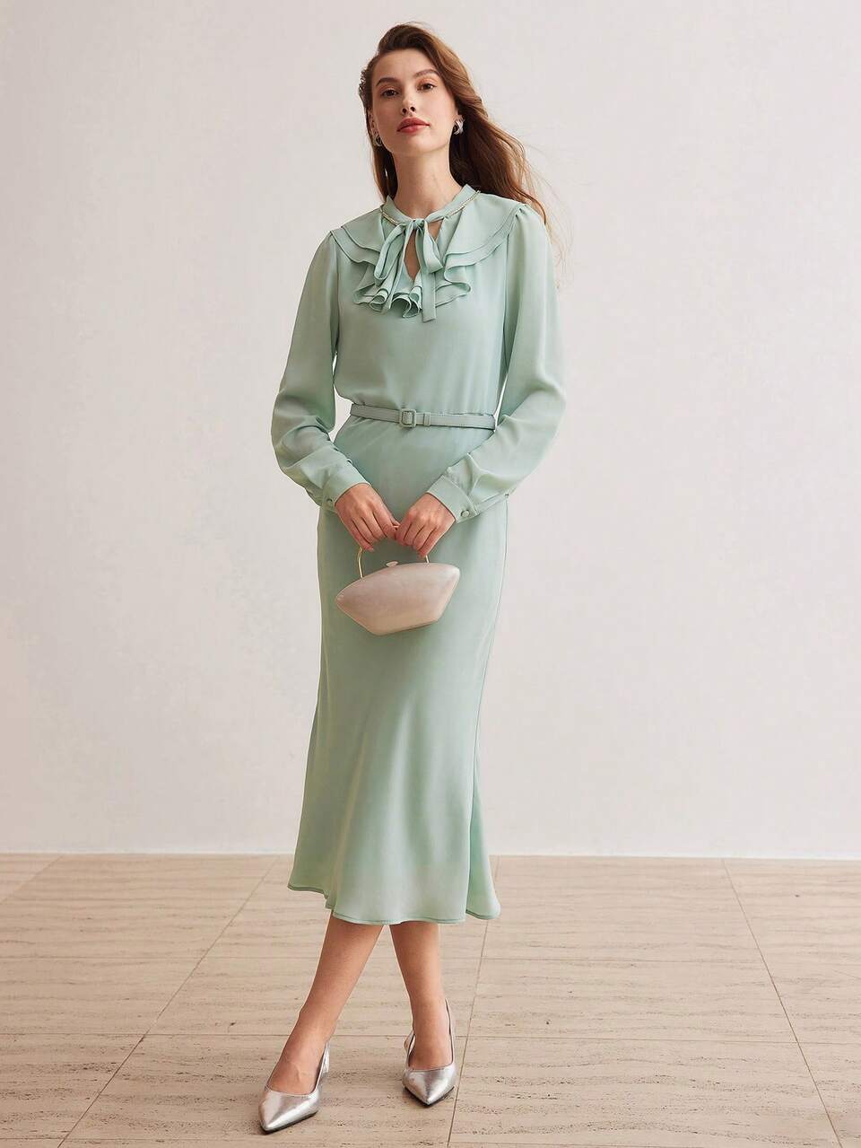 MOTF TIE NECK LANTERN SLEEVE RUFFLE TRIM DRESS,HOLIDAY PARTY BIRTHDAY FORMAL EVENING OCCASSION