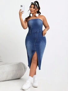 CovetEZ 大尺碼水洗分裂前無肩帶牛仔裙 - 藍色 - 查看 3