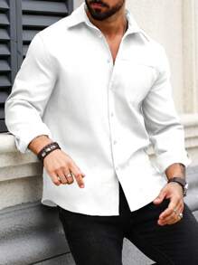 Manfinity Homme Men's Solid Color Long Sleeve Shirt, Fall - White - View 3