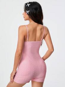 SHEIN Qutie Lace & Hollow Out & Embroidery Patchwork Spaghetti Strap Bodycon Romper - Pink - View 5