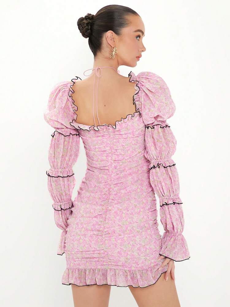 Women's Floral Print Lotus Leaf Hem Bell Sleeve Dress