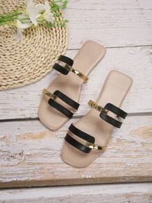 女士时尚休闲平底凉鞋和拖鞋，舒适百搭，适合春夏穿着 - 黑色 - 查看 7