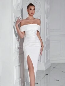 Elisanya 露肩荷叶边前开衩露背派对礼服白色优雅鸡尾酒半正式舞会婚礼宾客礼服，适合生日、毕业典礼、晚宴、返校节夏季 - 白色 - 查看 5