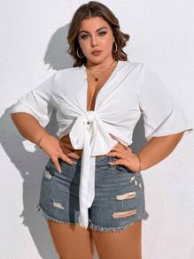 SHEIN CURVE+ 大尺碼純色束腰短款和服外套 - 白色 - 查看 3