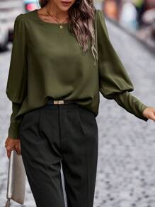 EMERY ROSE Solid Button Back Blouse Fall Cloth For Women - Army Green - View 5