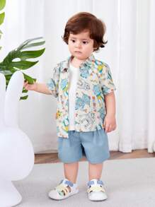 SHEIN Leap Crew Baby Boys' Cute Cartoon Robot Pattern Turn-Down Collar Short Sleeve Shirt And Casual Shorts Set - Multicolor - View 5