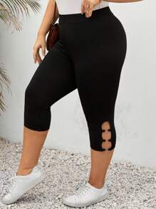 SHEIN LUNE Black 7-Point Leggings With Cutout Details For Women, Stretchy High-Waisted Leggings, Suitable For Sports, Casual And Fashion Wear